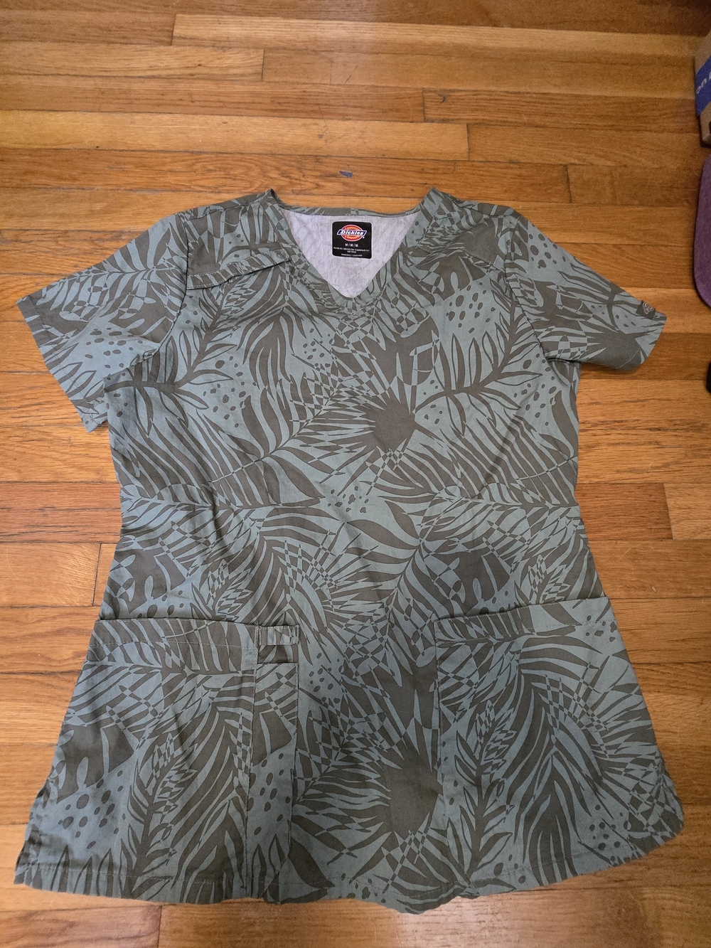 Dickies Olive Green Tropical Leaf Print V-Neck Scrub Top